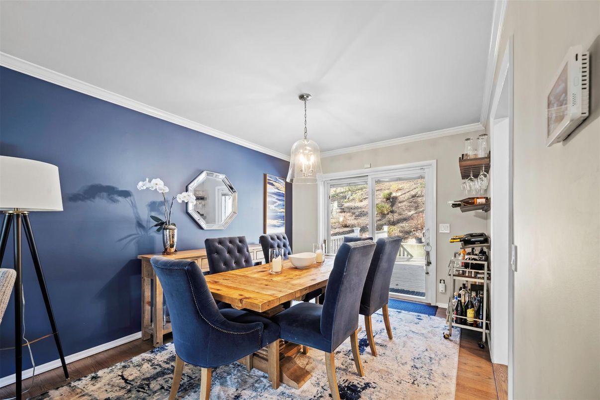 Dining room, Interior, Pendant Lights, Wood Texture Flooring