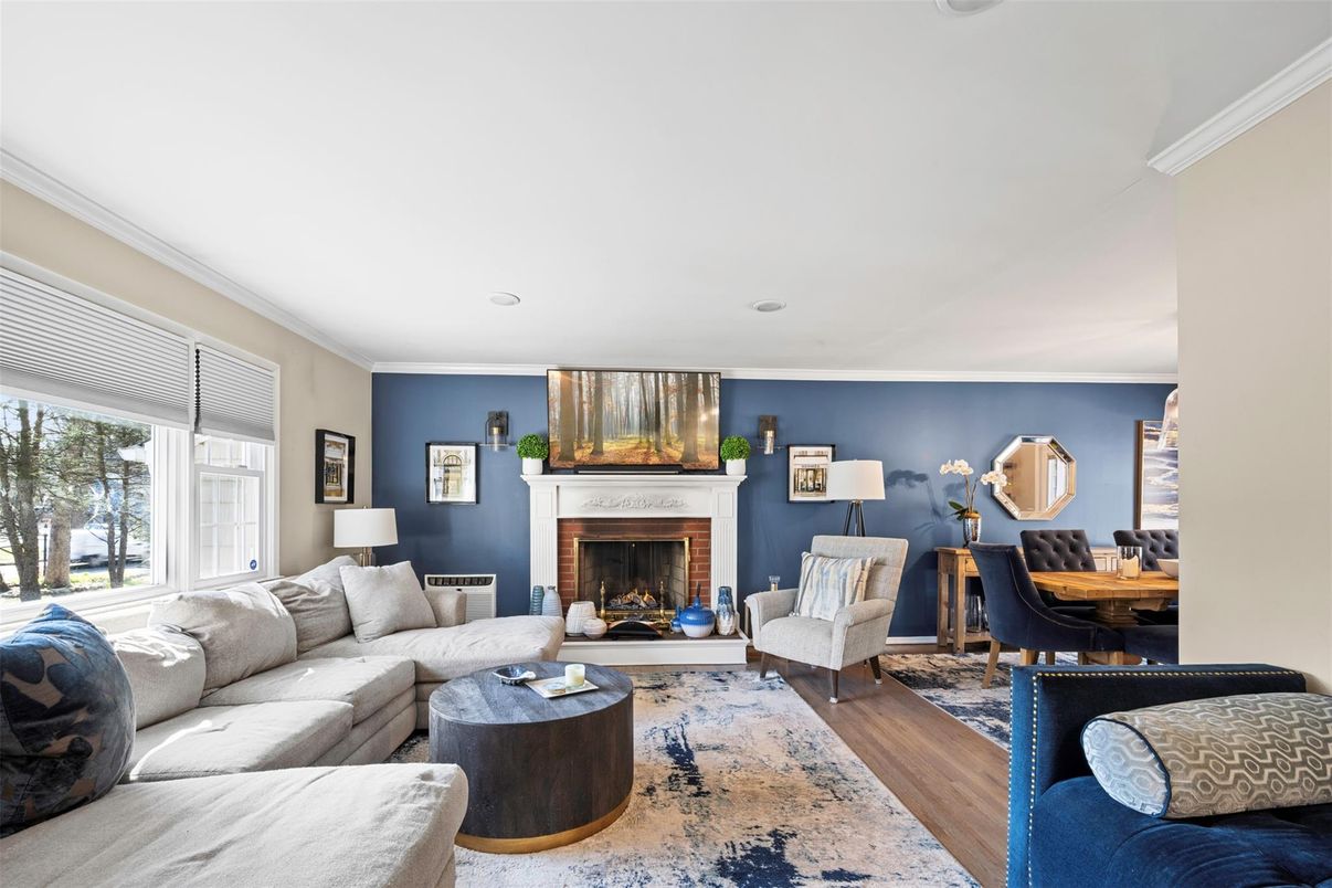 Fireplace, Interior, Living room, Recessed Lighting, Wood Texture Flooring