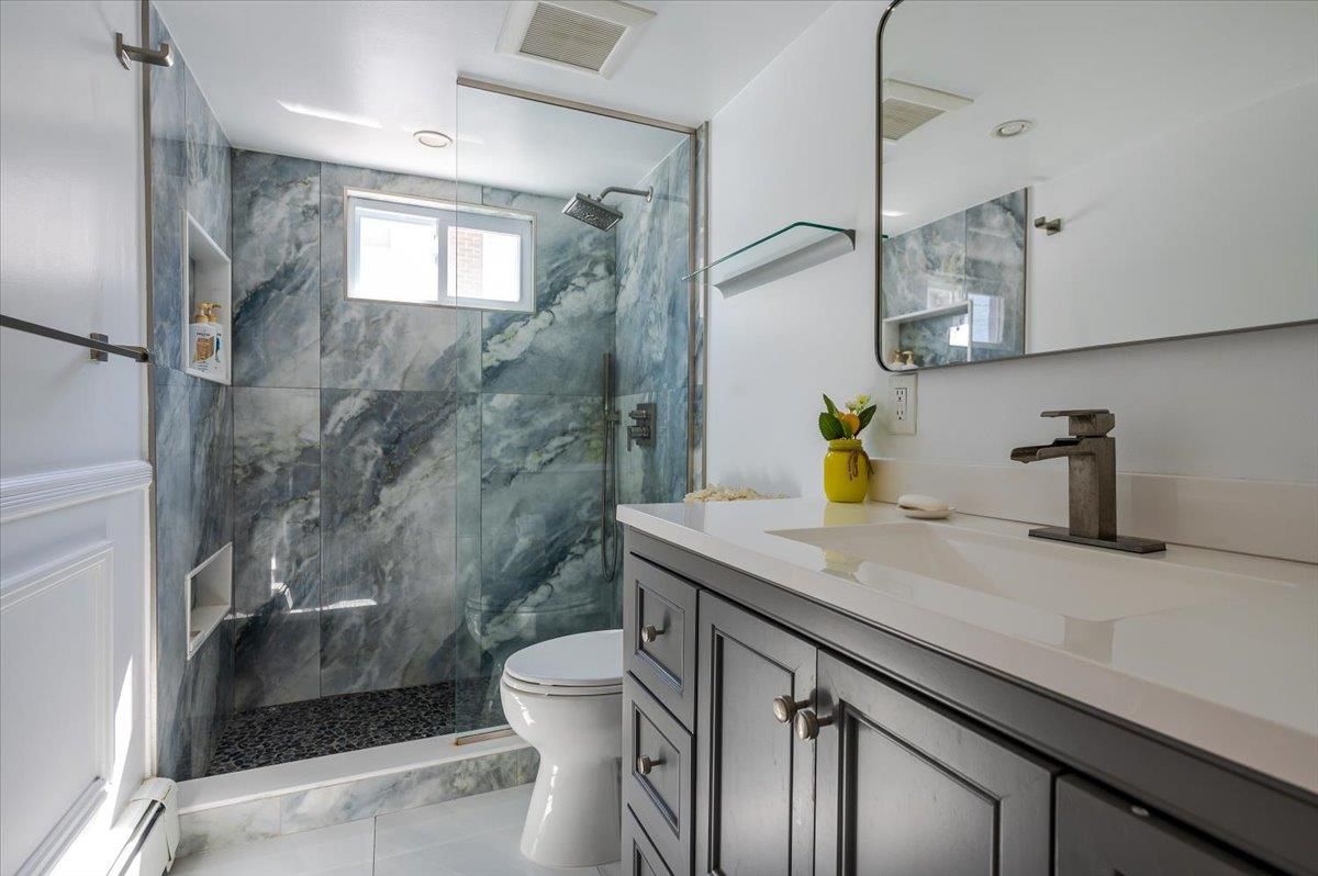 Bathroom, Glass Shower, Interior, Marble, Marble Walls, Recessed Lighting