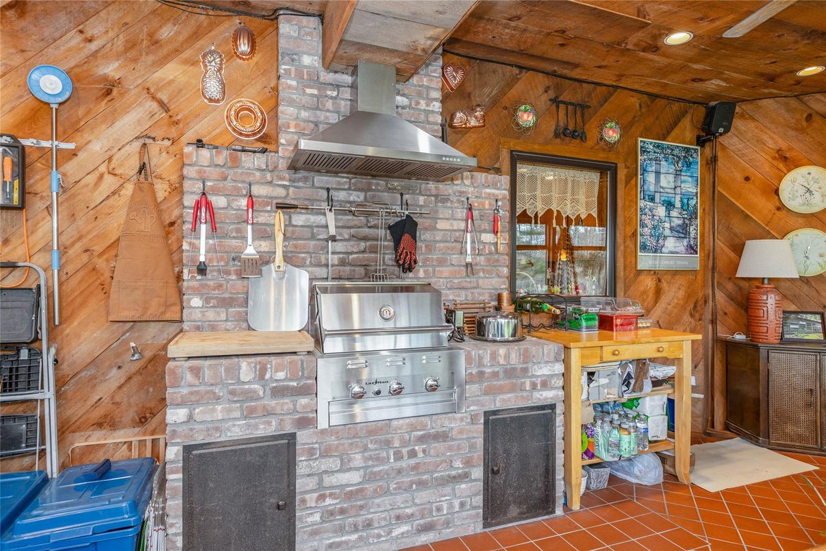 Fireplace, Interior, Recessed Lighting, Stainless Steel Appliances, Wooden Ceilings, Wooden Walls