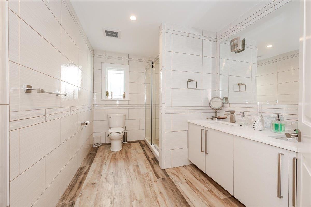 Bathroom, Glass Shower, Interior, Recessed Lighting, Wood Texture Flooring