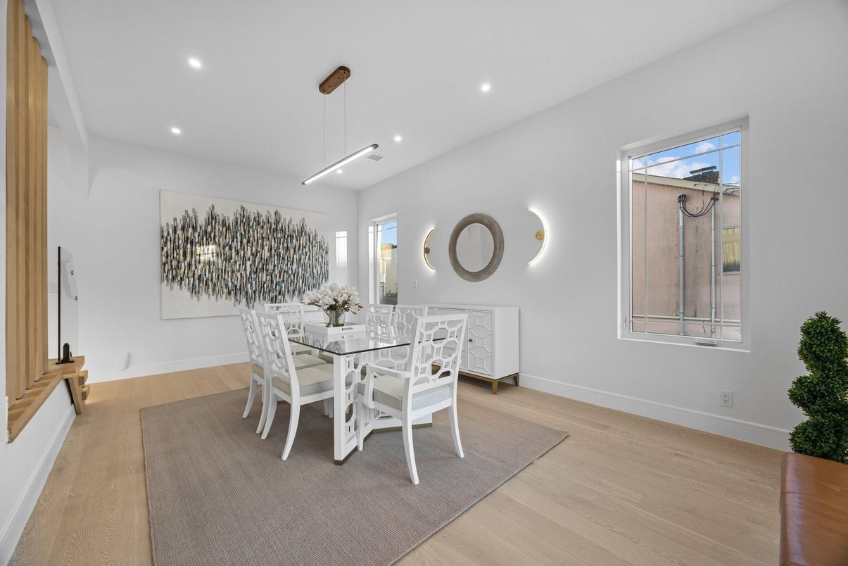 Dining room, Interior, Pendant Lights, Recessed Lighting, Wood Texture Flooring