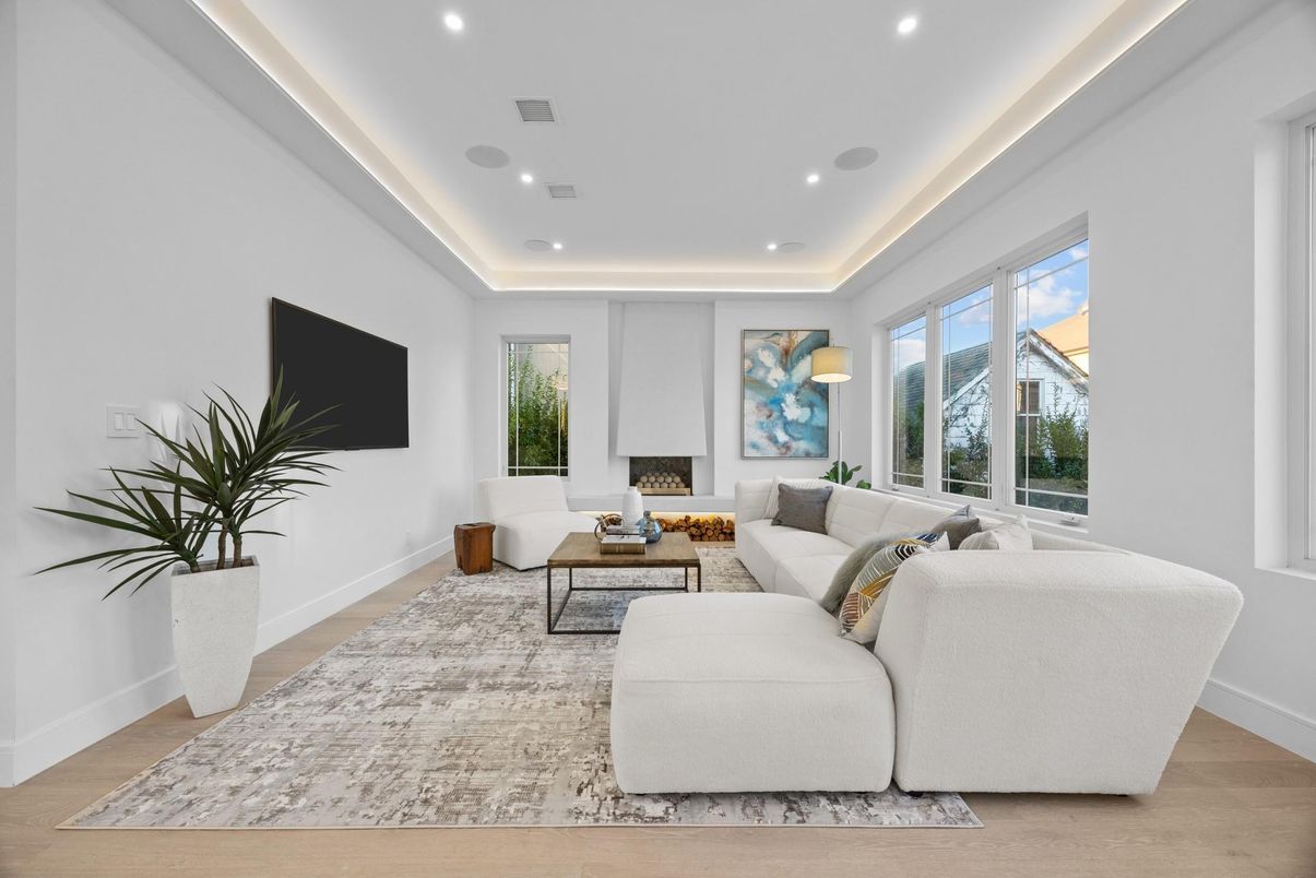 Fireplace, Interior, Living room, Recessed Lighting, Wood Texture Flooring
