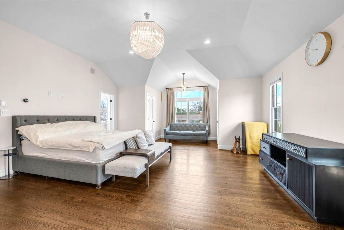 Bedroom, Chandelier, Interior, Recessed Lighting, Wood Texture Flooring