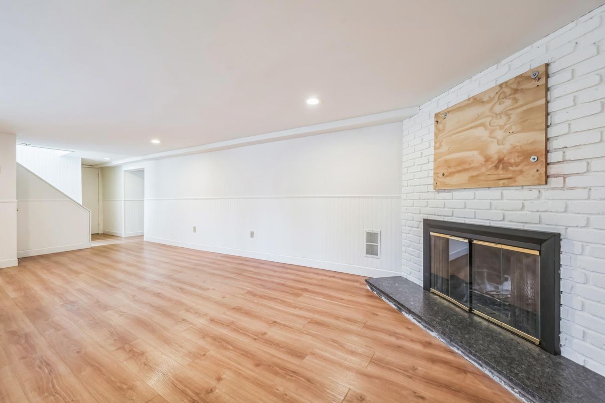 Empty room, Fireplace, Interior, Recessed Lighting, Wood Texture Flooring