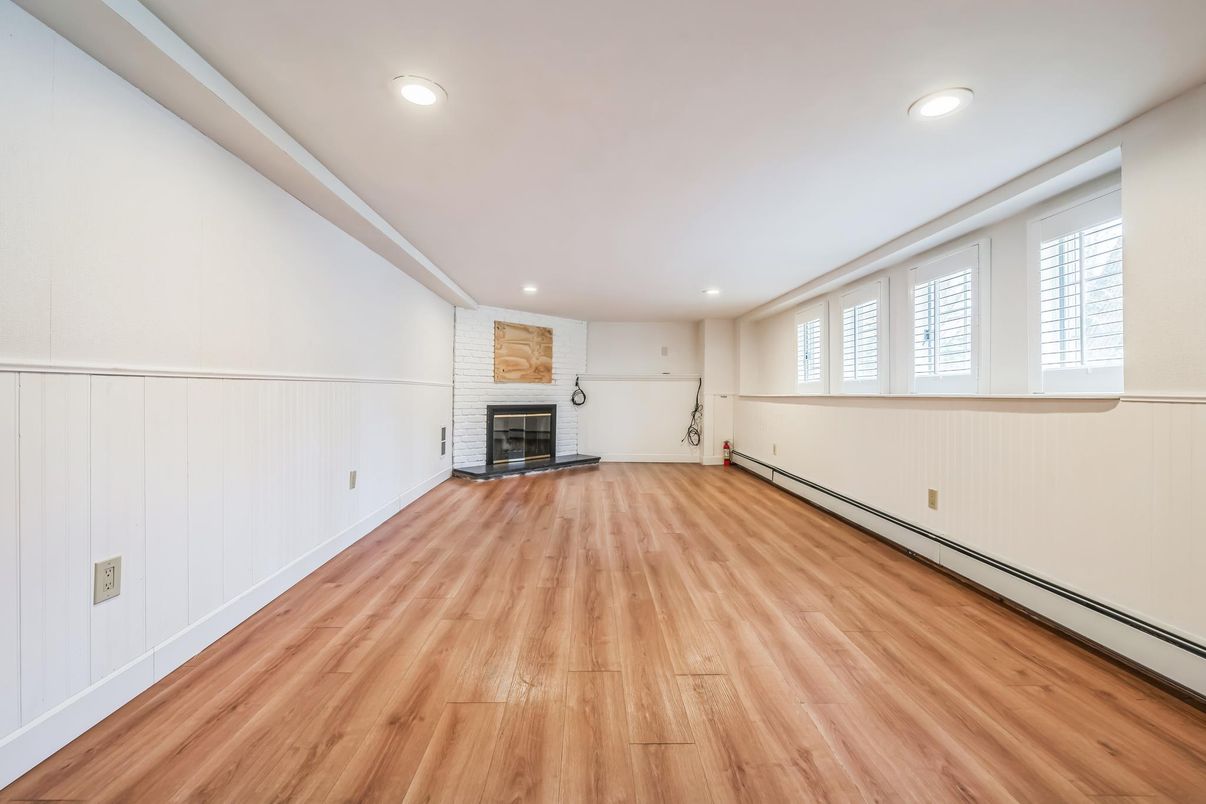 Empty room, Fireplace, Interior, Recessed Lighting, Wood Texture Flooring