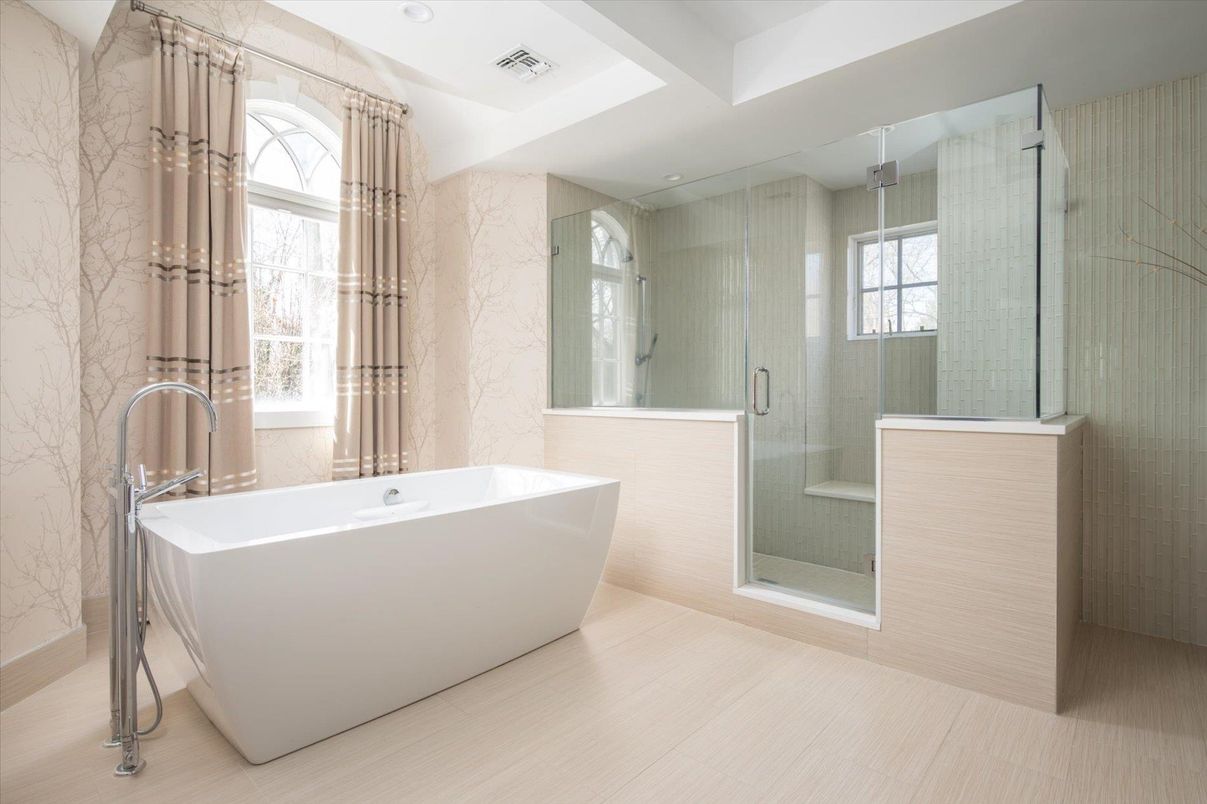 Bathroom, Free Standing Baths, Glass Shower, Interior, Marble Walls, Recessed Lighting, Wood Texture Flooring