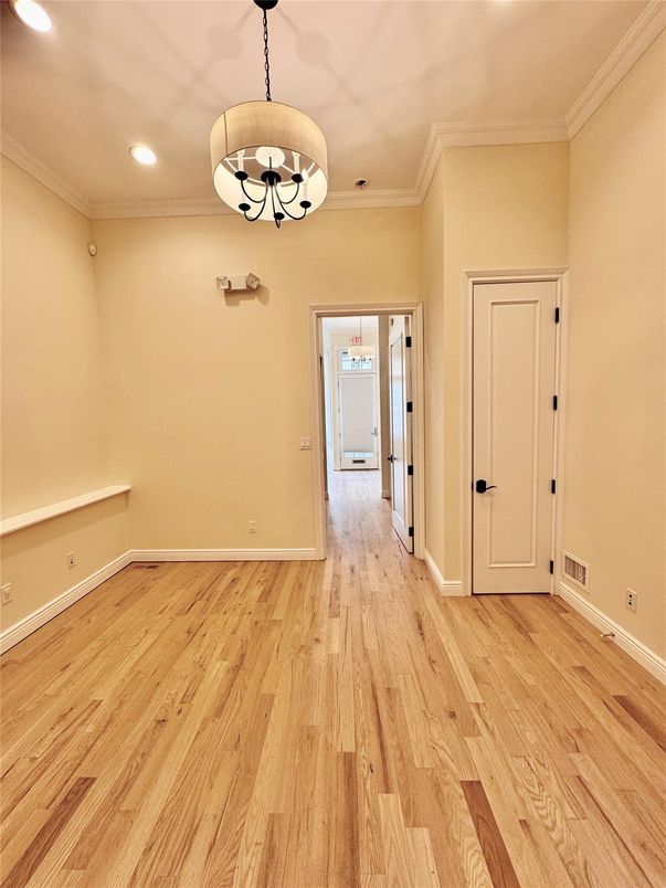 Chandelier, Empty room, Interior, Recessed Lighting, Wood Texture Flooring