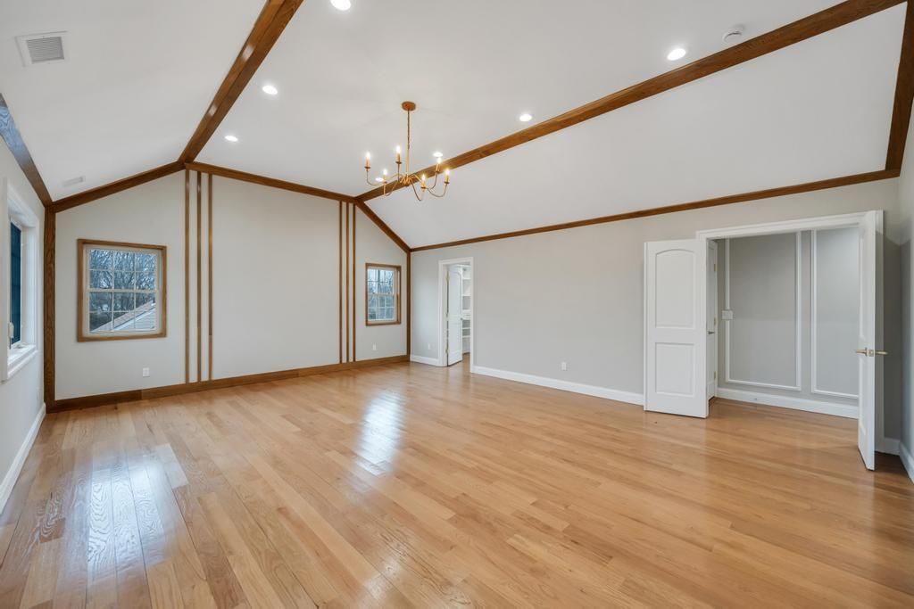 Chandelier, Empty room, Interior, Pendant Lights, Recessed Lighting, Wooden Beams, Wood Texture Flooring