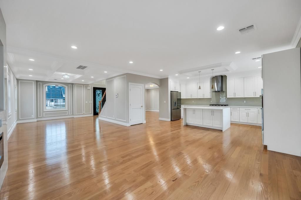 Empty room, Interior, Kitchen, Pendant Lights, Recessed Lighting, Wood Texture Flooring