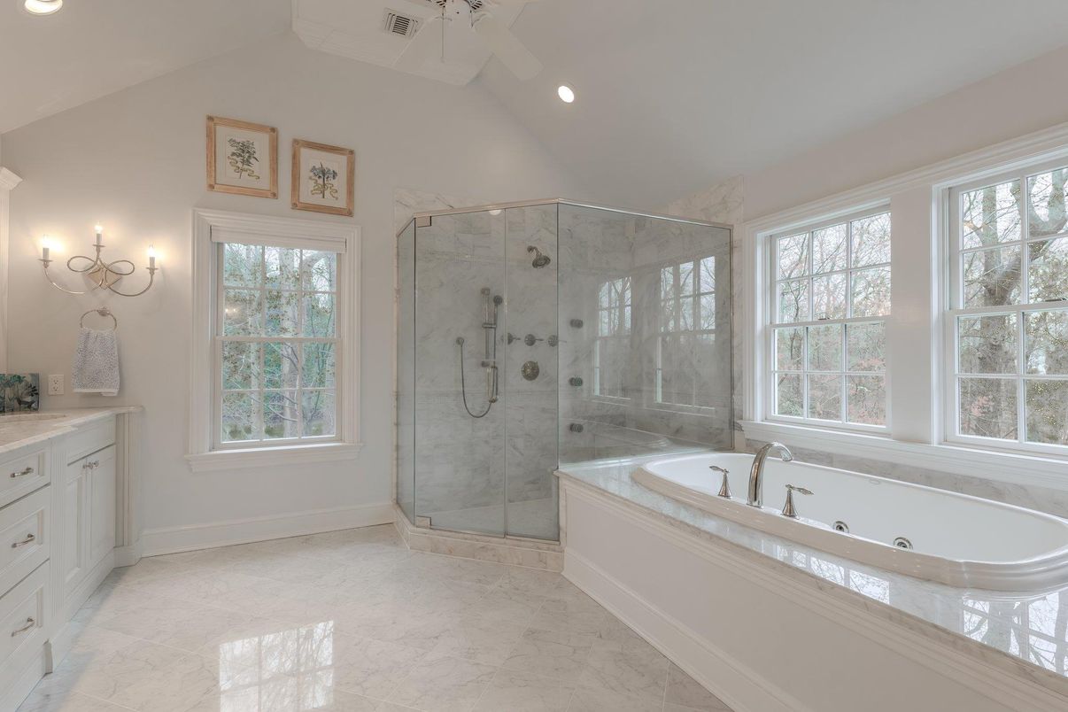 Bathroom, Glass Shower, Interior, Marble, Marble Walls, Recessed Lighting
