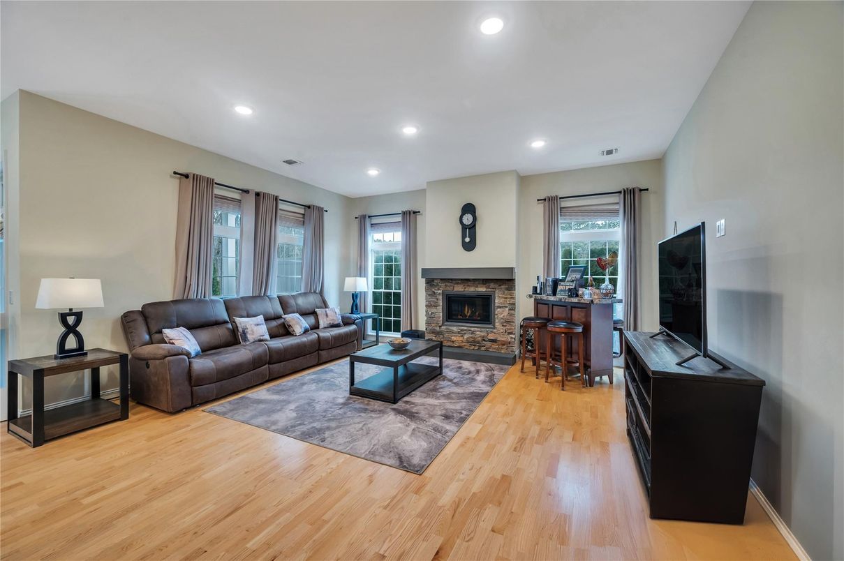 Fireplace, Interior, Living room, Recessed Lighting, Wood Texture Flooring