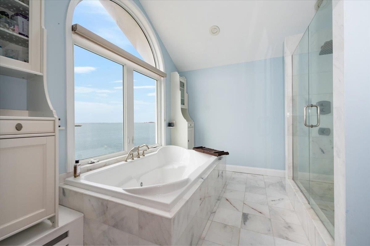 Bathroom, Glass Shower, Interior, Marble, Recessed Lighting, Water
