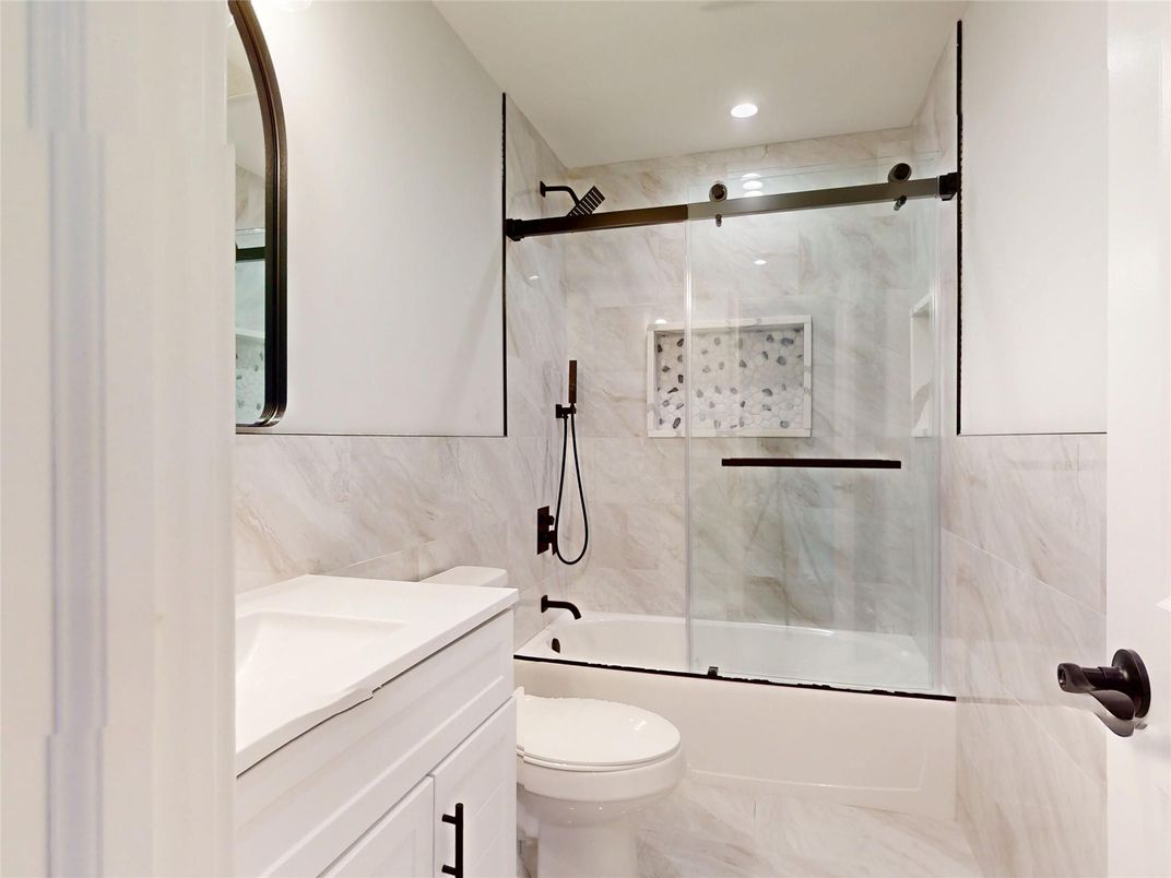 Bathroom, Glass Shower, Interior, Marble Walls, Recessed Lighting
