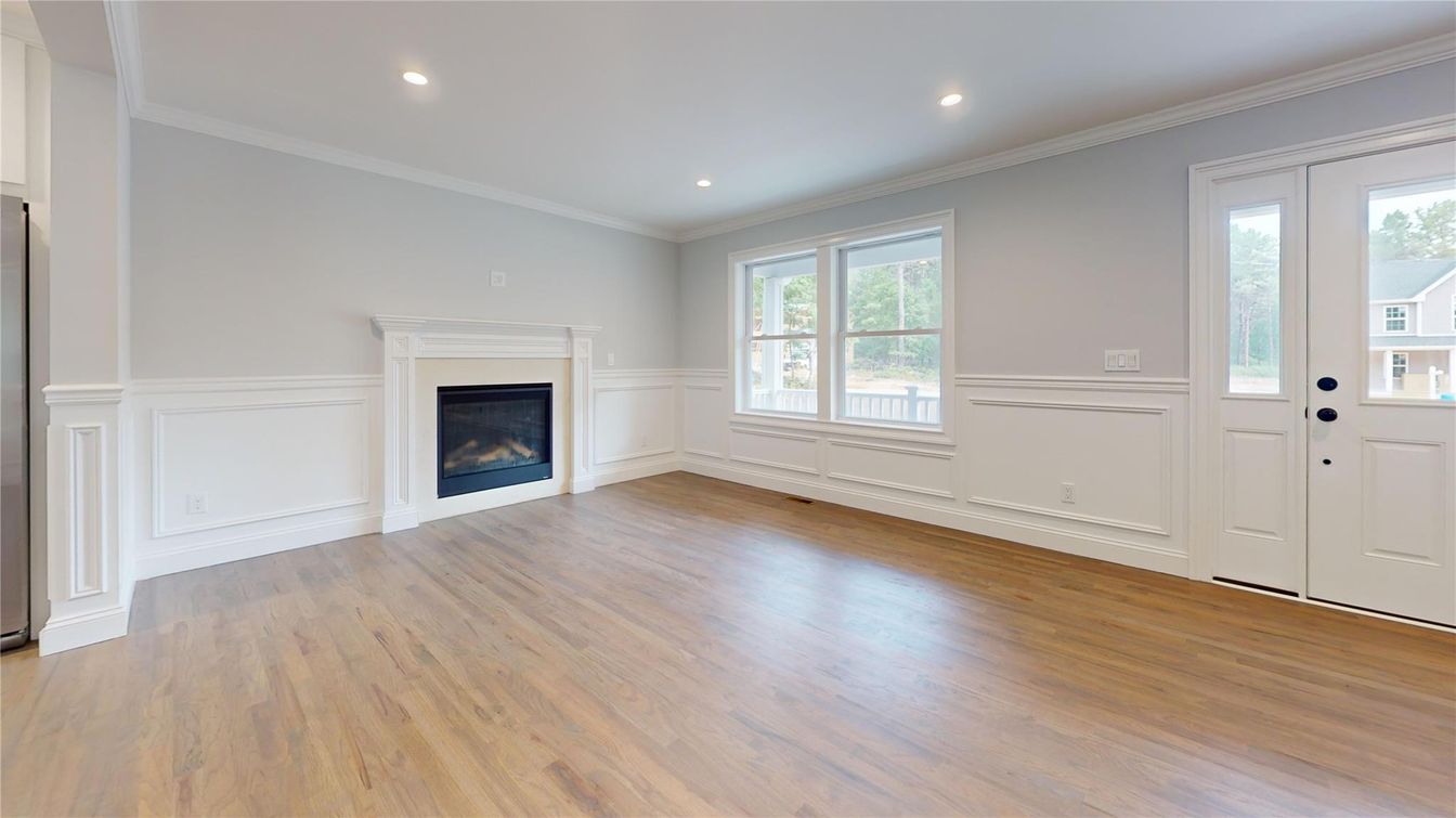 Empty room, Fireplace, Interior, Recessed Lighting, Wood Texture Flooring