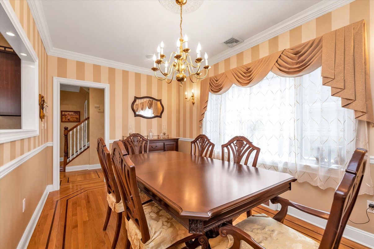 Chandelier, Dining room, Interior, Wood Texture Flooring