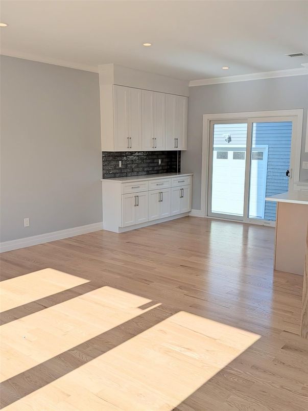 Empty room, Interior, Kitchen, Recessed Lighting, Wood Texture Flooring