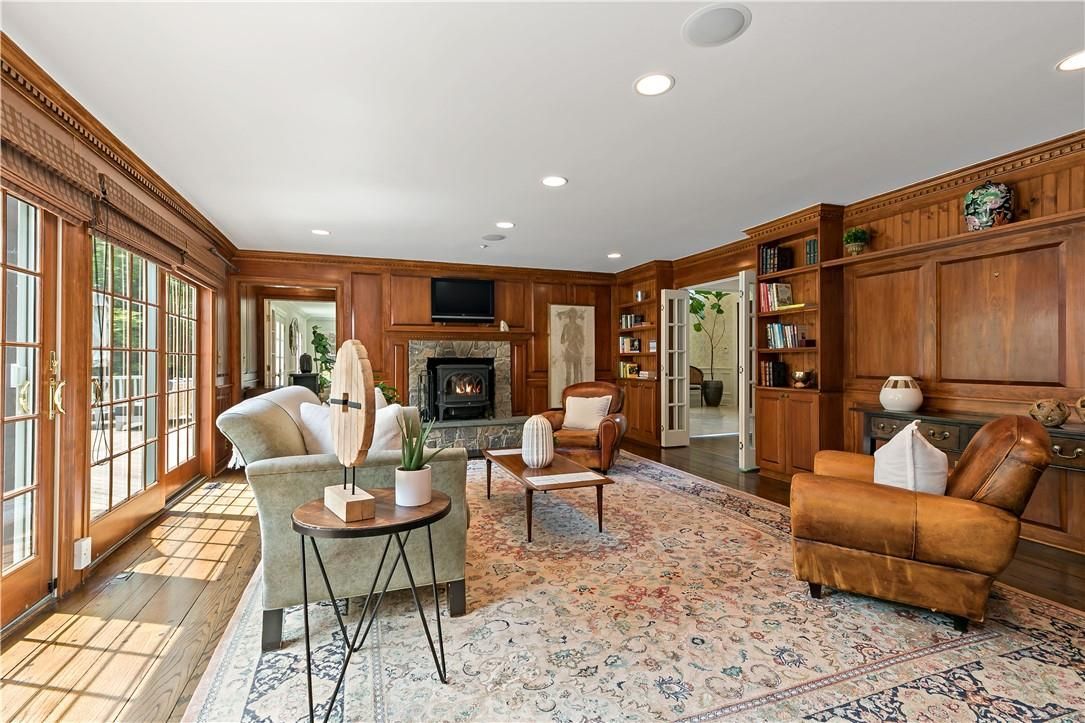 Fireplace, Interior, Living room, Recessed Lighting, Wood Texture Flooring, Wooden Walls