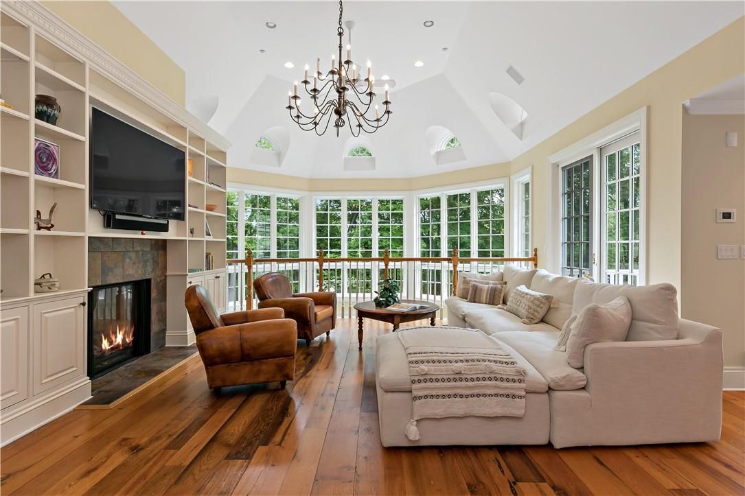 Chandelier, Fireplace, Interior, Living room, Recessed Lighting, Wood Texture Flooring