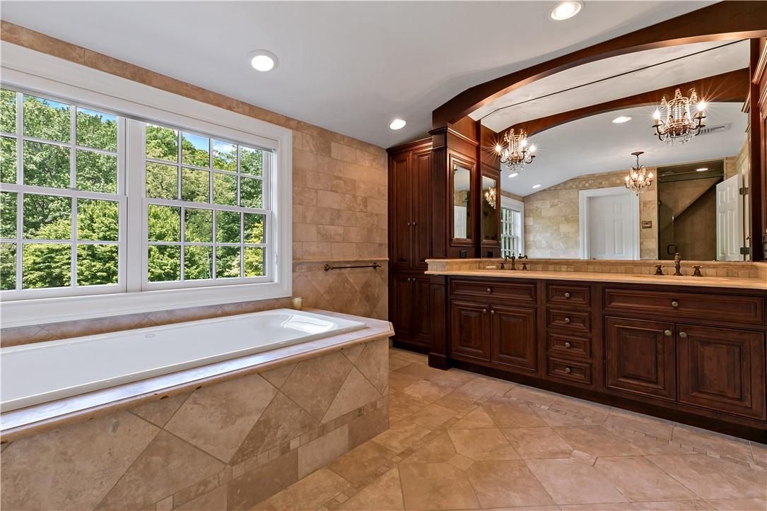 Bathroom, Chandelier, Dual Sink Vanities, Interior, Recessed Lighting