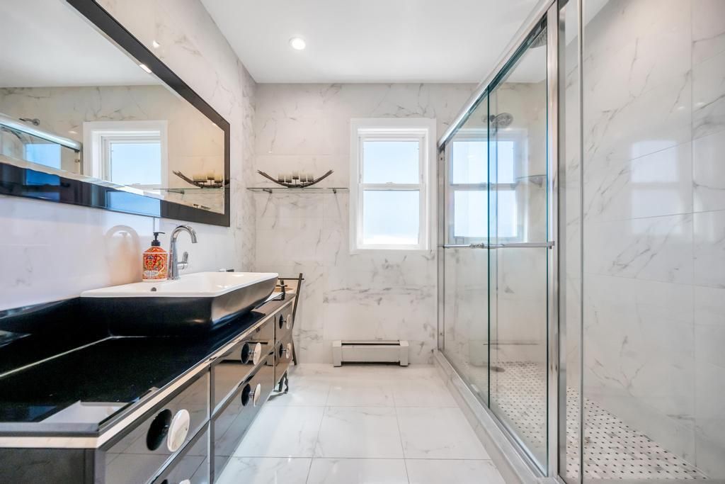 Bathroom, Glass Shower, Interior, Marble, Marble Walls, Recessed Lighting