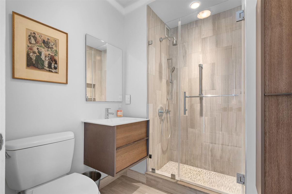 Bathroom, Glass Shower, Interior, Recessed Lighting, Wood Texture Flooring