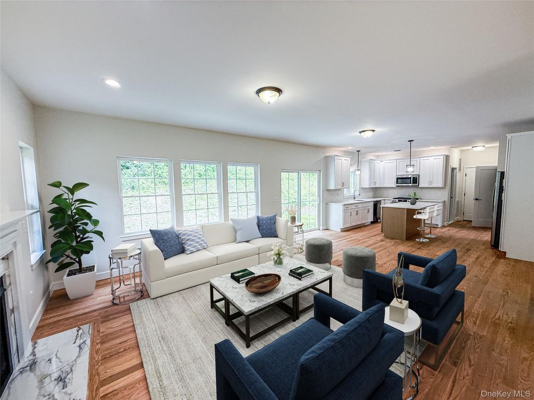 Dining room, Fireplace, Interior, Kitchen, Living room, Recessed Lighting, Wood Texture Flooring