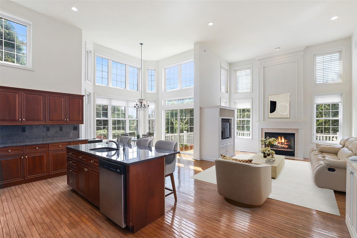 Dining room, Fireplace, Interior, Kitchen, Living room, Pendant Lights, Recessed Lighting, Wood Texture Flooring