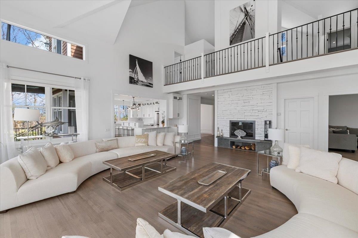 Fireplace, Interior, Living room, Pendant Lights, Stone Walls, Wood Texture Flooring