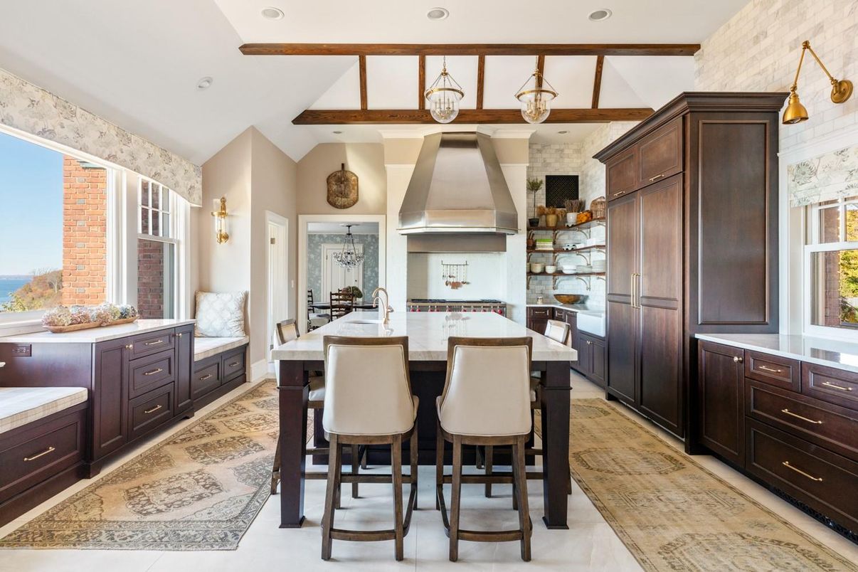 Interior, Kitchen, Pendant Lights, Recessed Lighting, Water, Wooden Beams