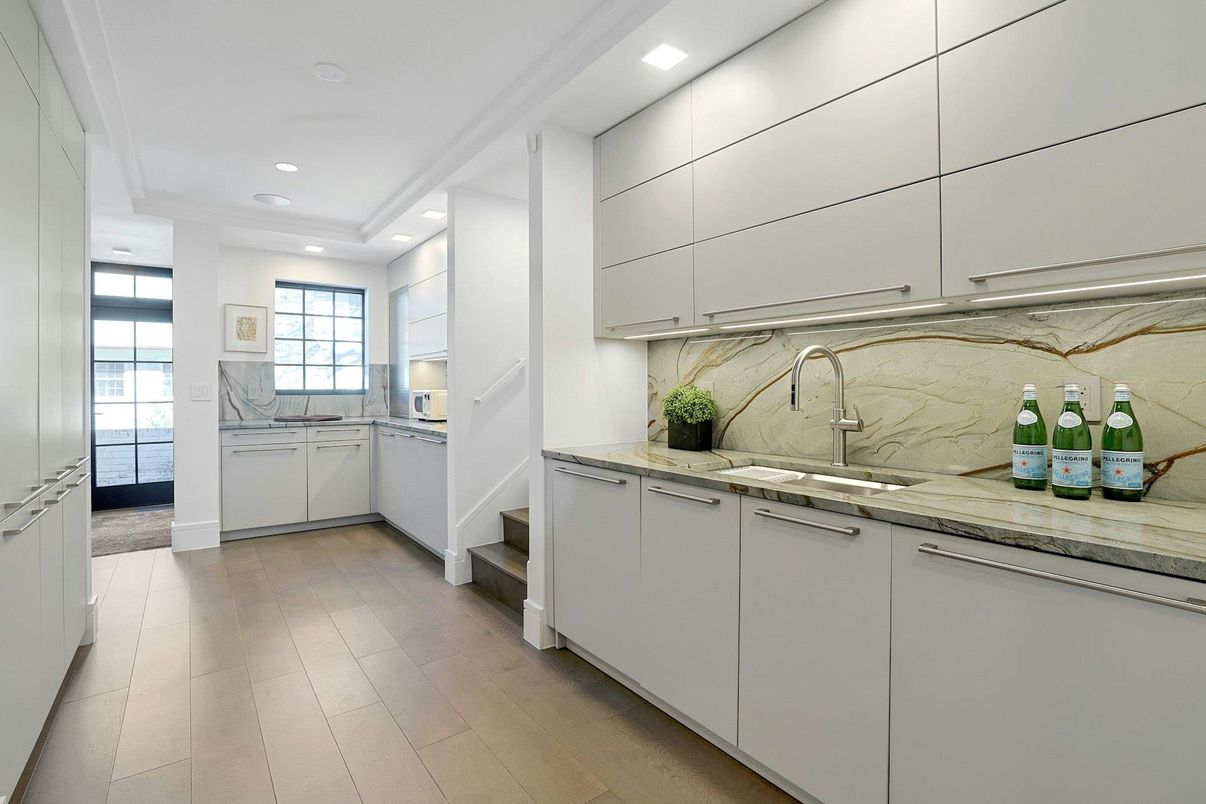 Interior, Kitchen, Marble Walls, Recessed Lighting, Wood Texture Flooring