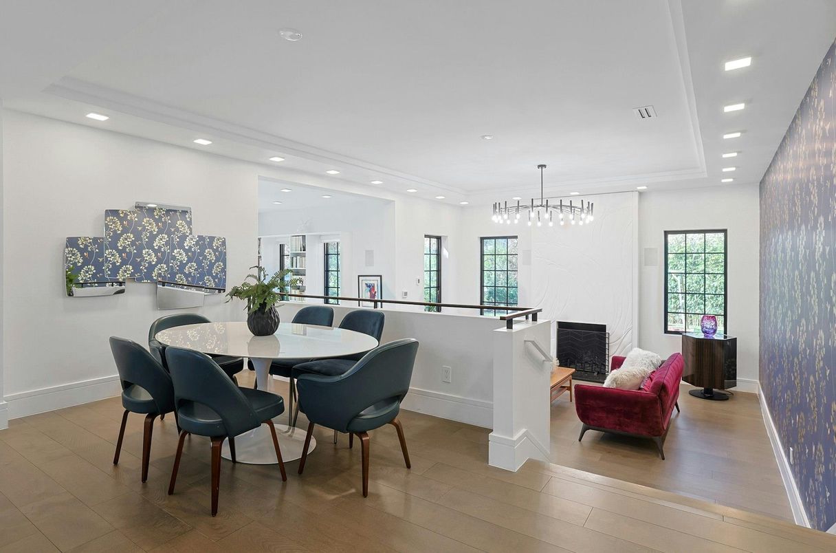 Dining room, Interior, Pendant Lights, Recessed Lighting, Wood Texture Flooring