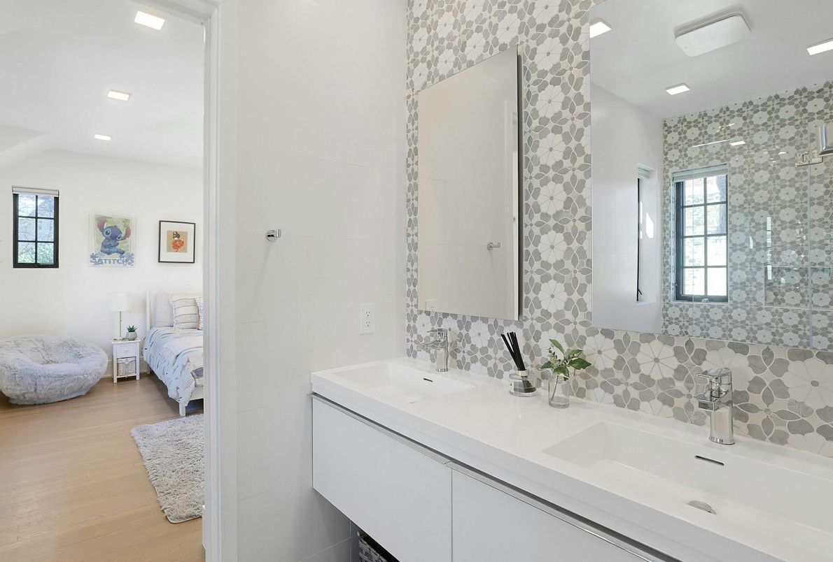 Bathroom, Bedroom, Dual Sink Vanities, Interior, Recessed Lighting, Wood Texture Flooring