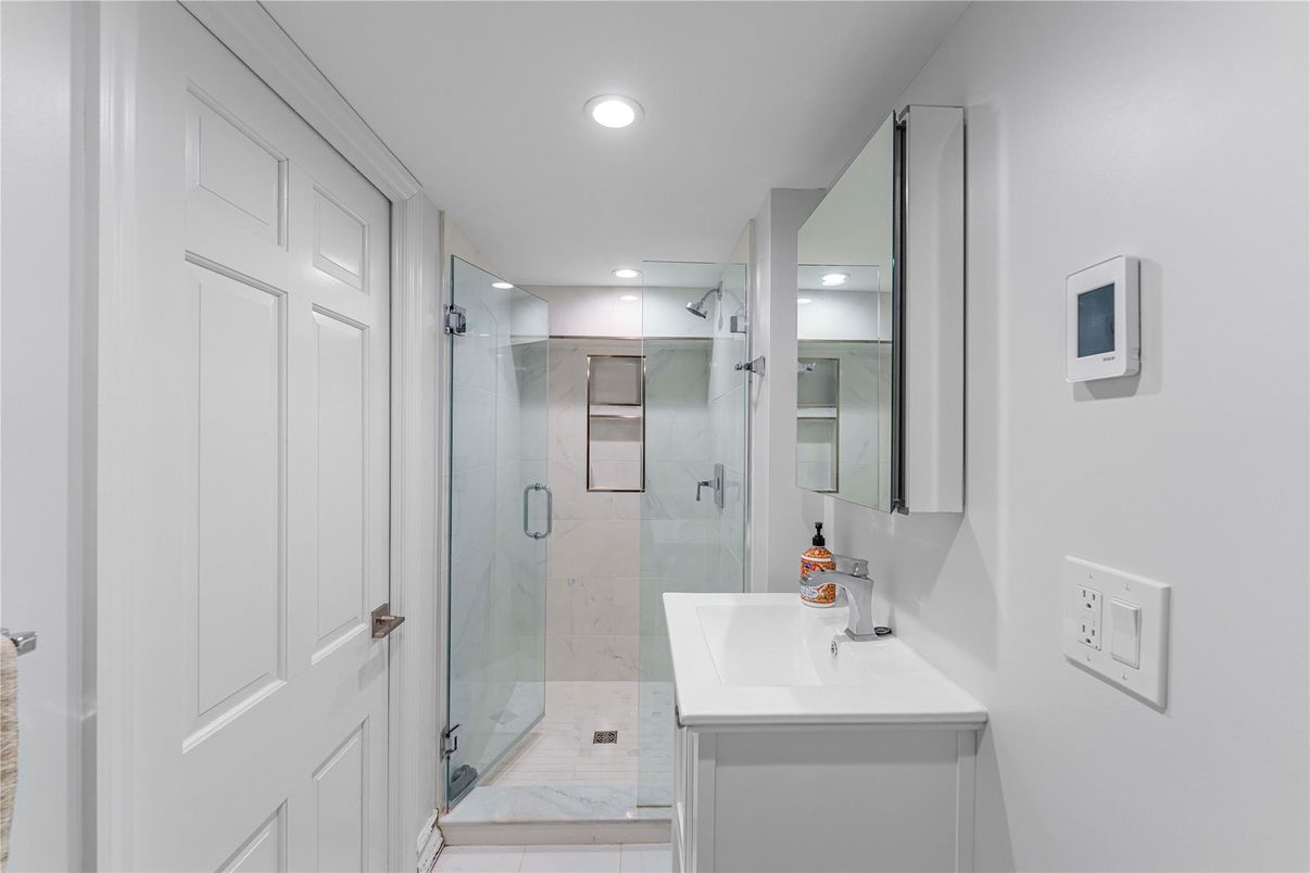 Bathroom, Glass Shower, Interior, Marble, Marble Walls, Recessed Lighting