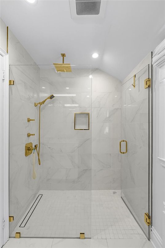 Bathroom, Glass Shower, Interior, Marble Walls, Recessed Lighting