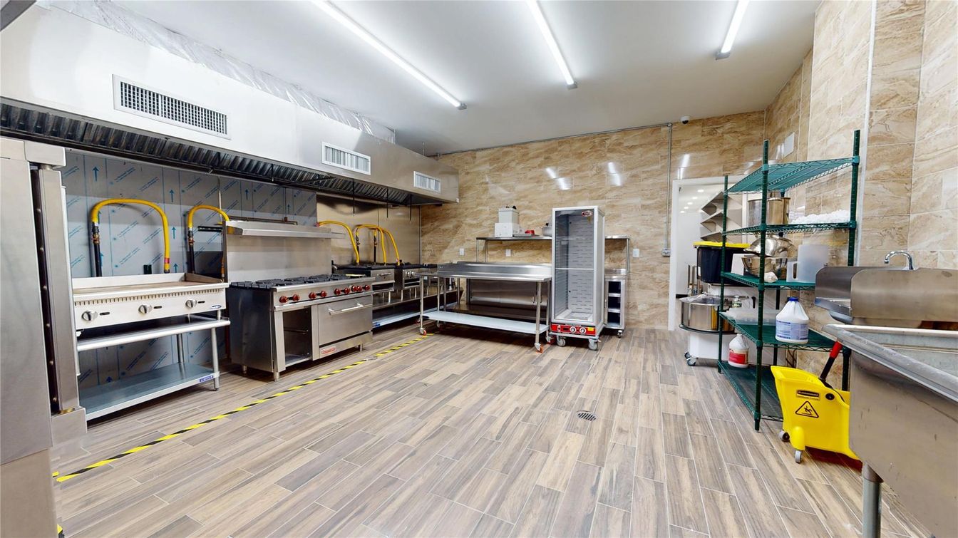Interior, Kitchen, Stainless Steel Appliances, Stone Walls, Wood Texture Flooring