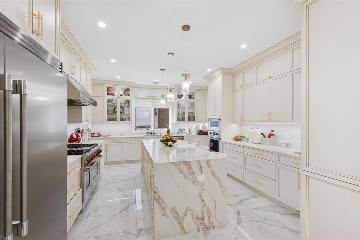 Interior, Kitchen, Marble, Pendant Lights, Recessed Lighting, Stainless Steel Appliances