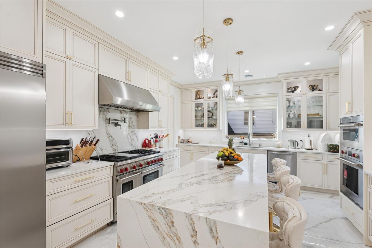 Interior, Kitchen, Marble, Pendant Lights, Recessed Lighting, Stainless Steel Appliances