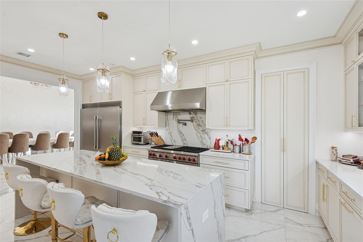 Interior, Kitchen, Marble, Pendant Lights, Recessed Lighting, Stainless Steel Appliances