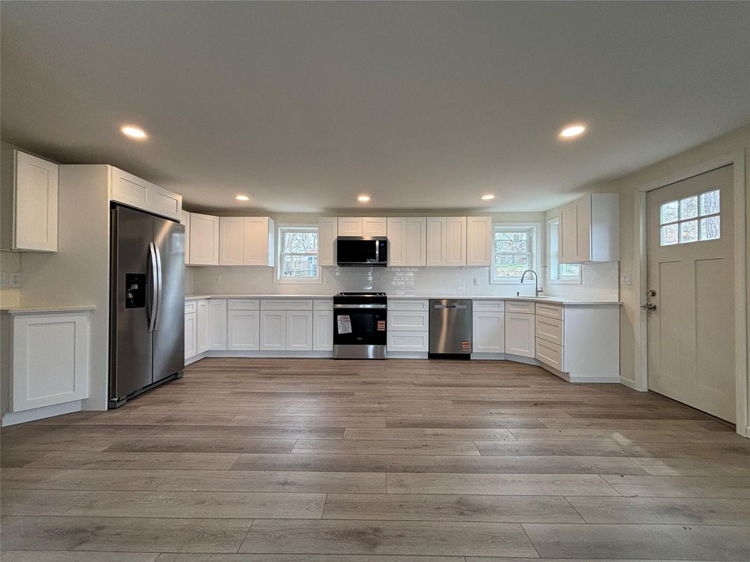 Interior, Kitchen, Recessed Lighting, Stainless Steel Appliances, Wood Texture Flooring