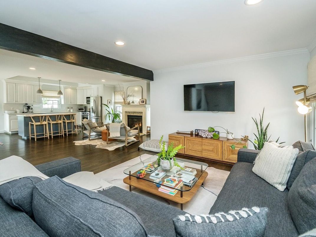 Fireplace, Interior, Kitchen, Living room, Pendant Lights, Recessed Lighting, Stainless Steel Appliances, Wood Texture Flooring