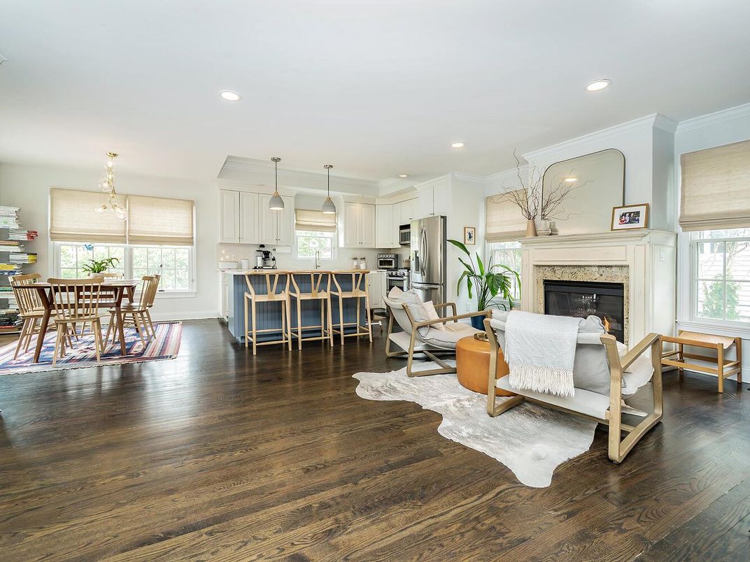 Dining room, Fireplace, Interior, Kitchen, Living room, Pendant Lights, Recessed Lighting, Stainless Steel Appliances, Wood Texture Flooring