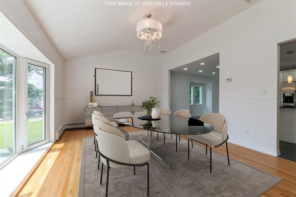 Chandelier, Dining room, Interior, Projection Screen, Recessed Lighting, Wood Texture Flooring