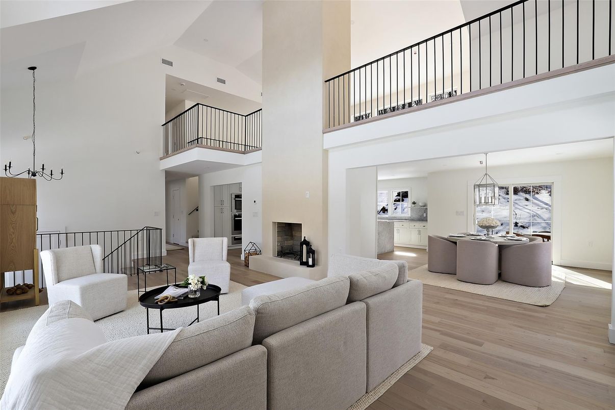 Dining room, Fireplace, Interior, Living room, Pendant Lights, Wood Texture Flooring