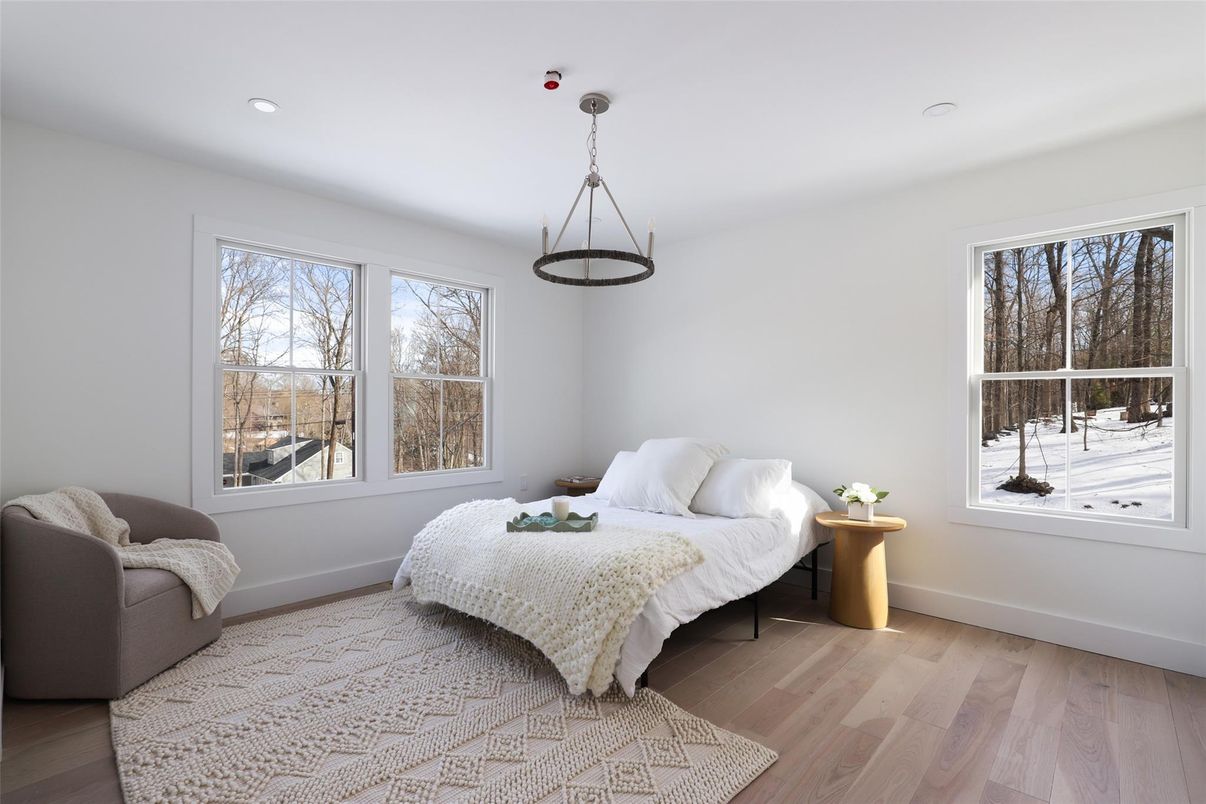 Bedroom, Interior, Pendant Lights, Recessed Lighting, Wood Texture Flooring