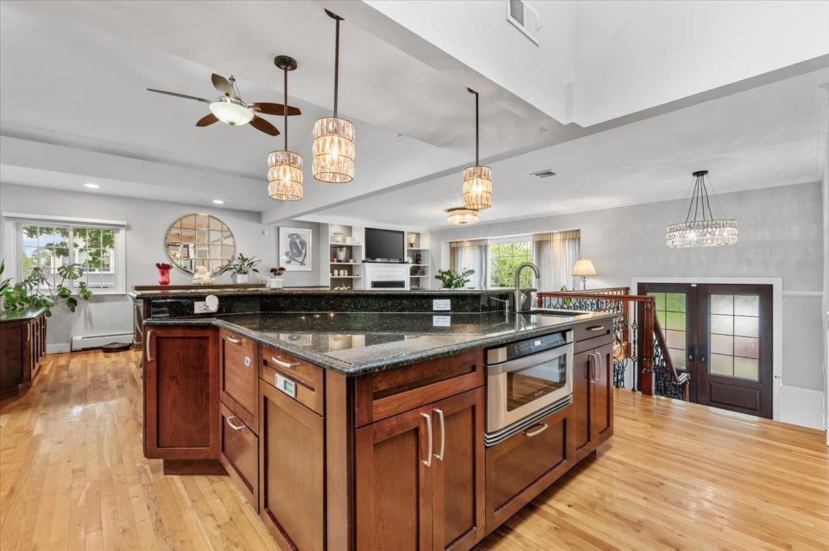 Chandelier, Interior, Kitchen, Pendant Lights, Recessed Lighting, Wood Texture Flooring