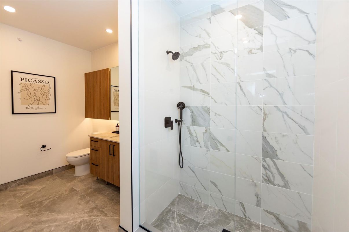 Bathroom, Glass Shower, Interior, Marble Walls, Recessed Lighting