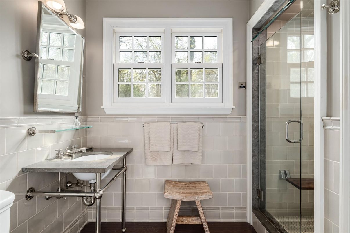 Bathroom, Glass Shower, Interior, Wood Texture Flooring