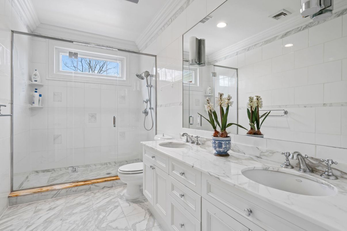 Bathroom, Dual Sink Vanities, Glass Shower, Interior, Marble, Recessed Lighting