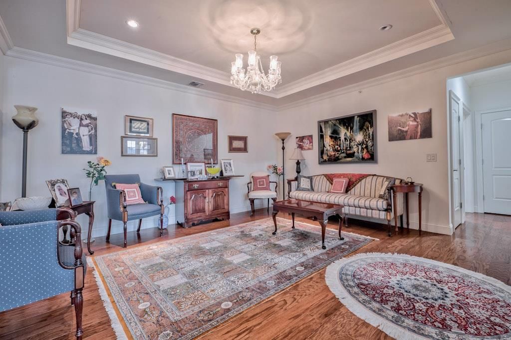 Chandelier, Interior, Living room, Recessed Lighting, Wood Texture Flooring